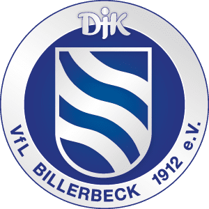 Wappen des VfL Billerbeck 1912 e.V. mit blauen Wellen und einem weißen Schild in einem runden, silbernen Rahmen.